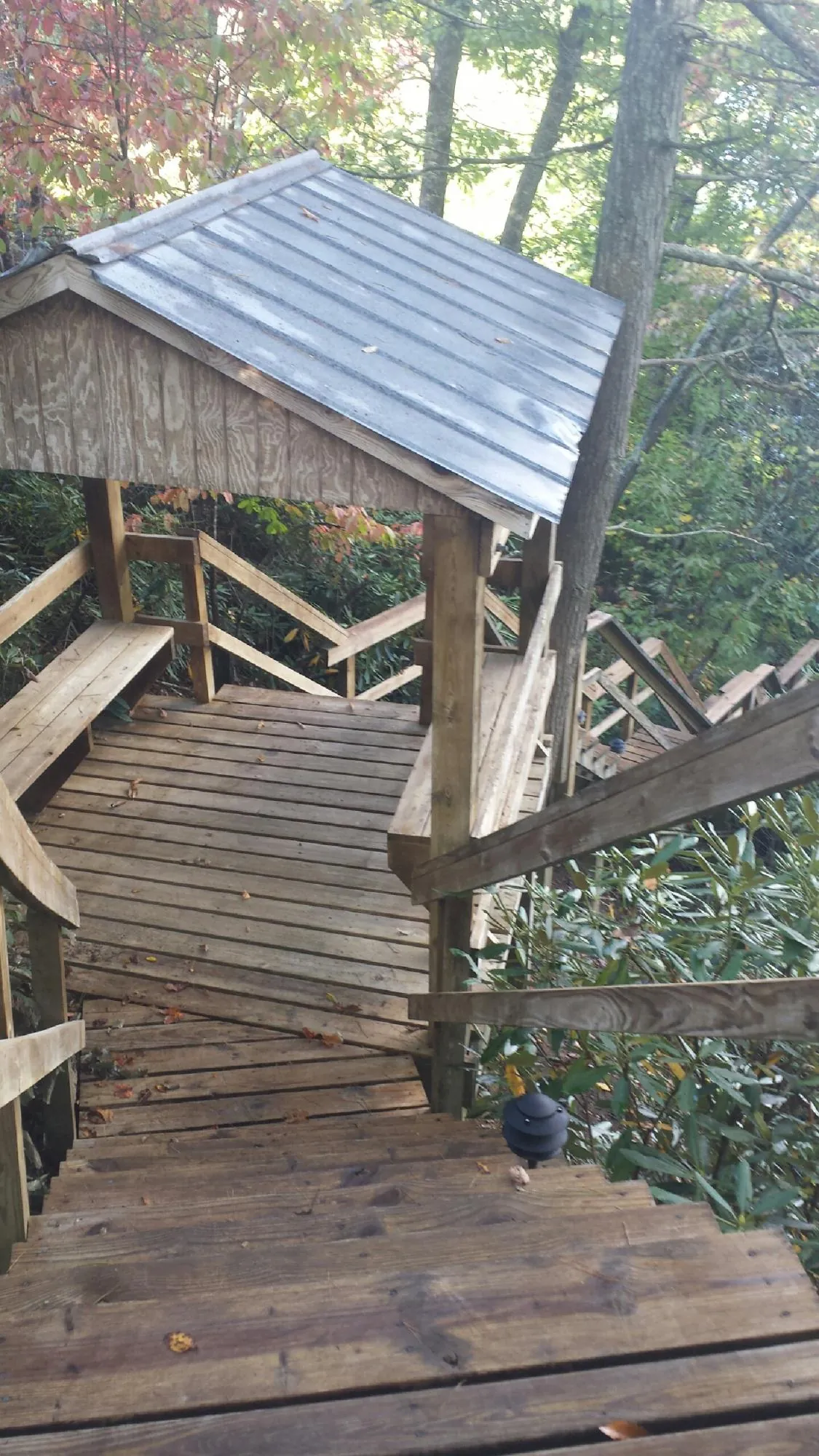 Metal roofed shelter over wooden steps on a wooded walkway — Skylight Repair & Installation work by our crew in Hennepin